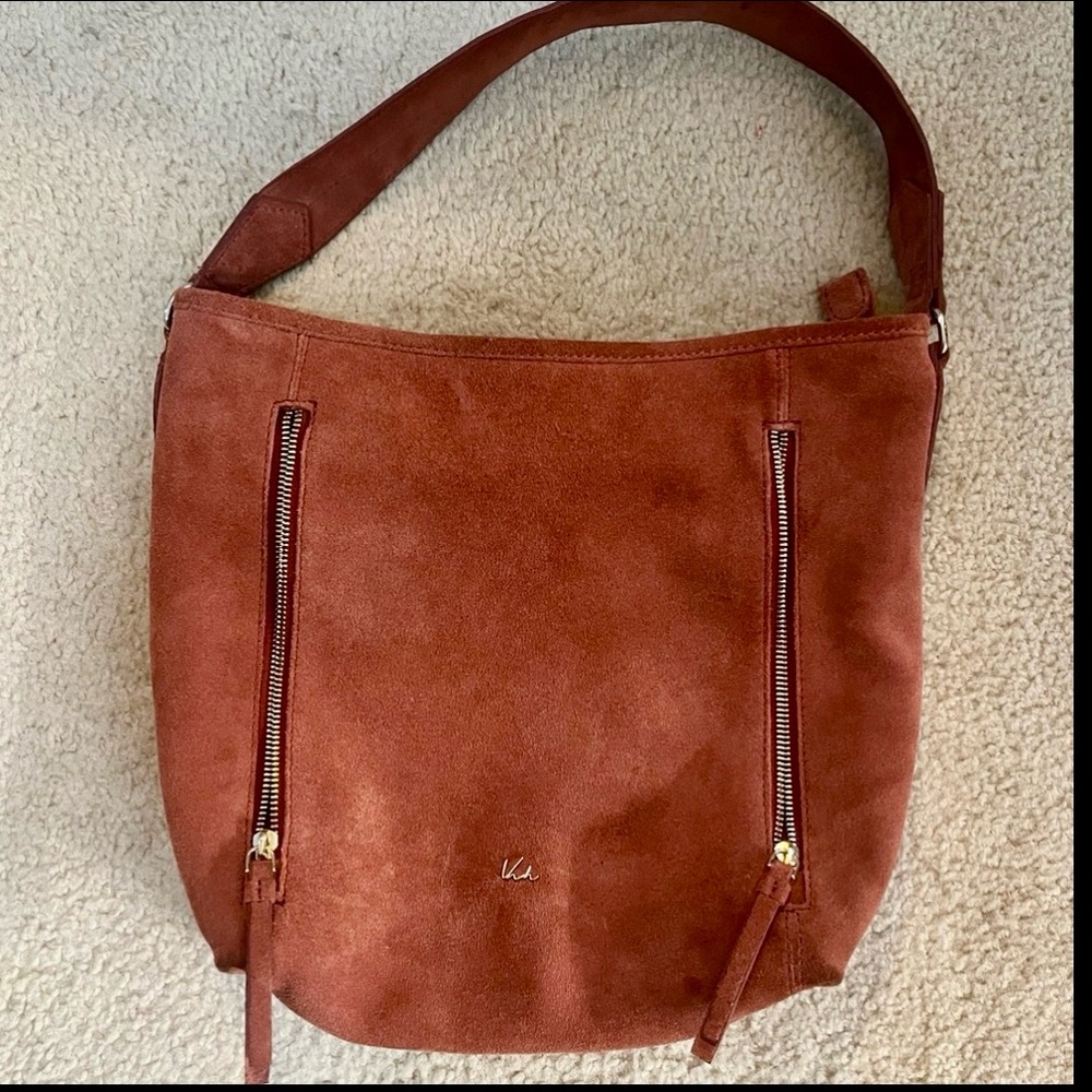 Vnh Suede Hobo/Shoulder bag with front zippers in rust/terracotta 100% leather